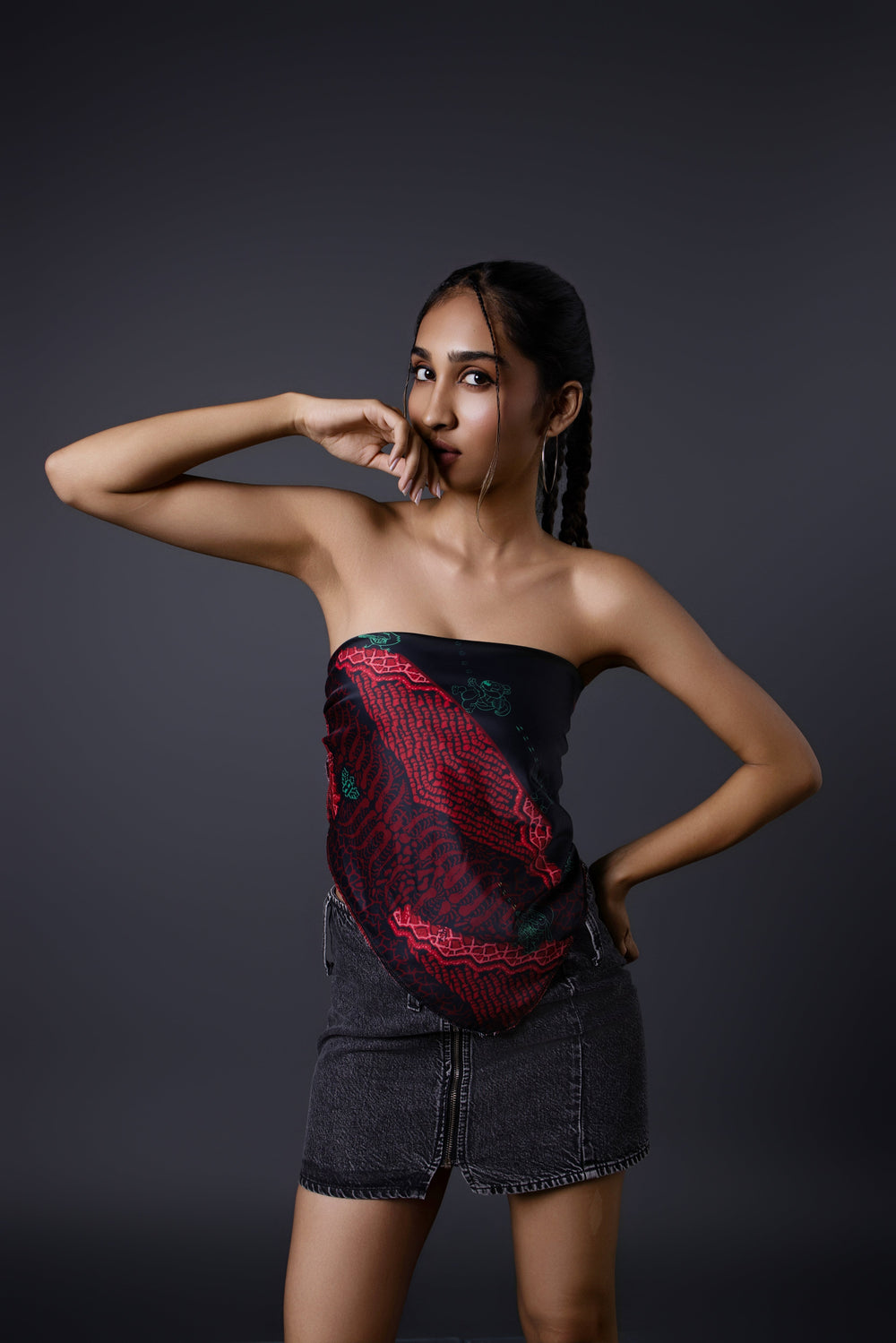 Model wearing the Super Mario-inspired bandana as a top.