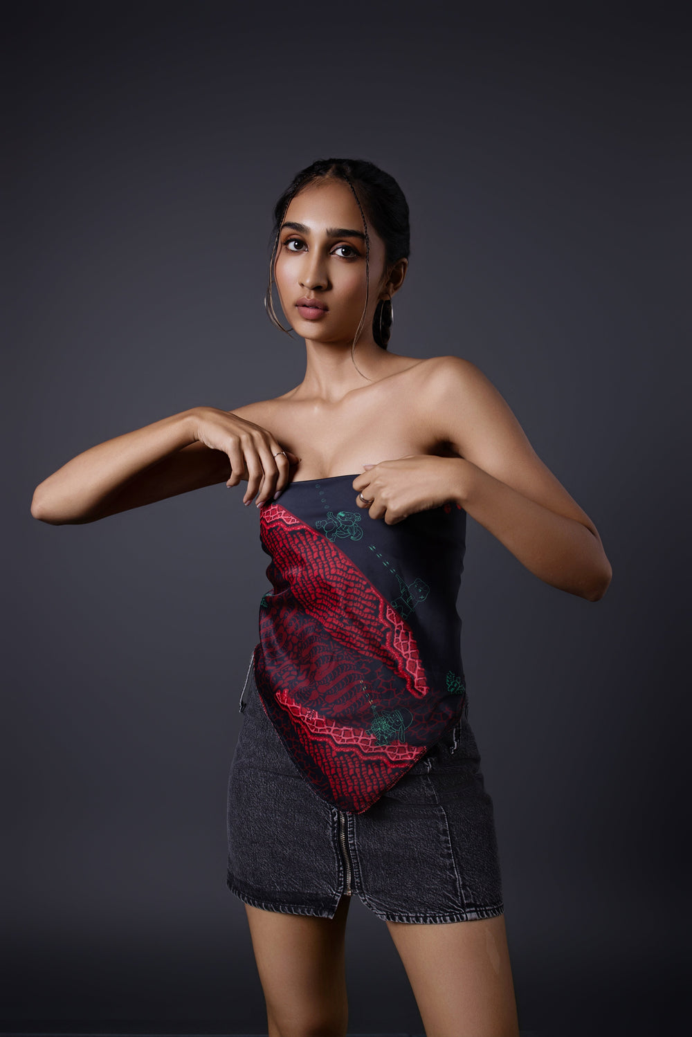 Model wearing the Super Mario-inspired bandana as a top.