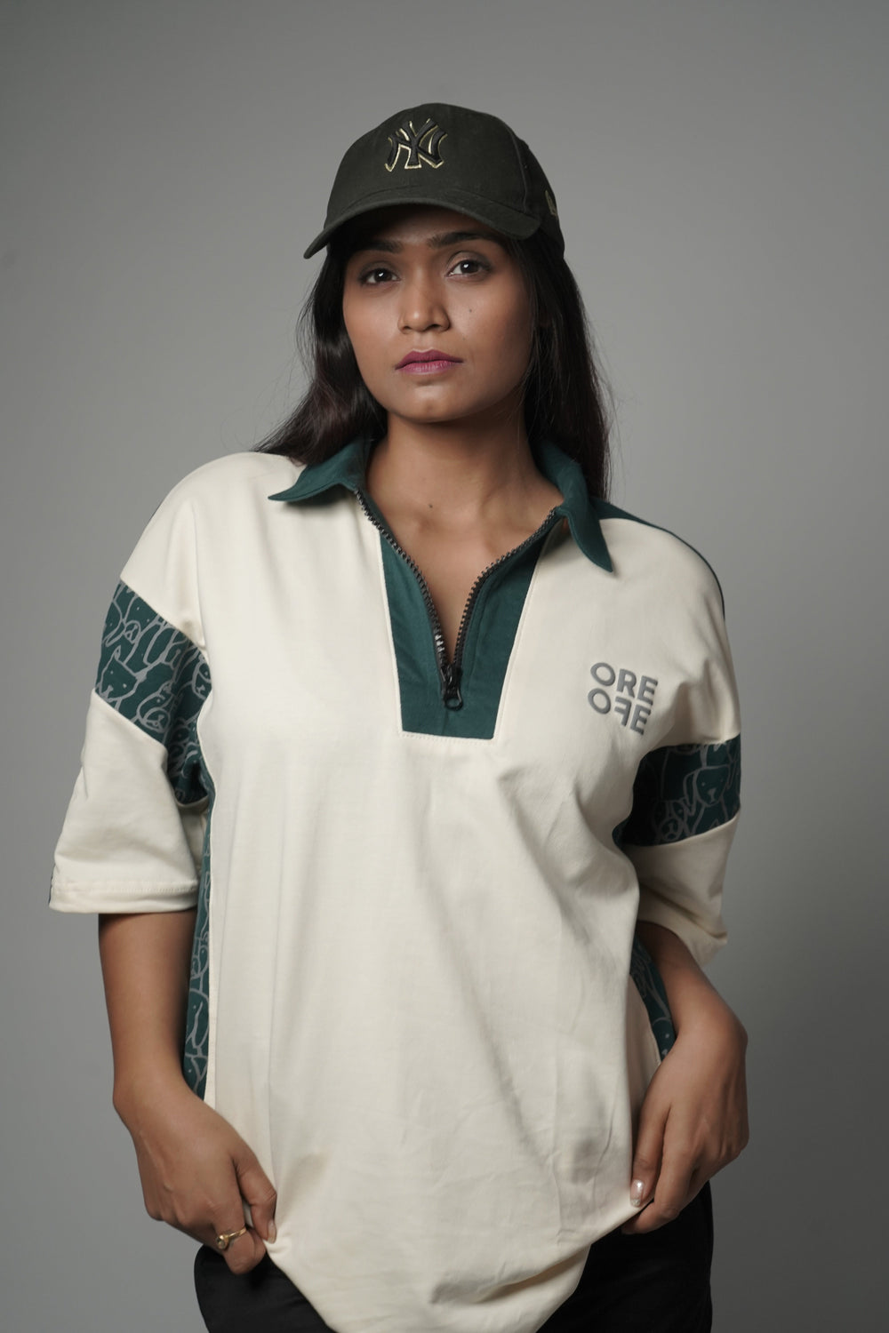 Cream & Green Oversized Polo