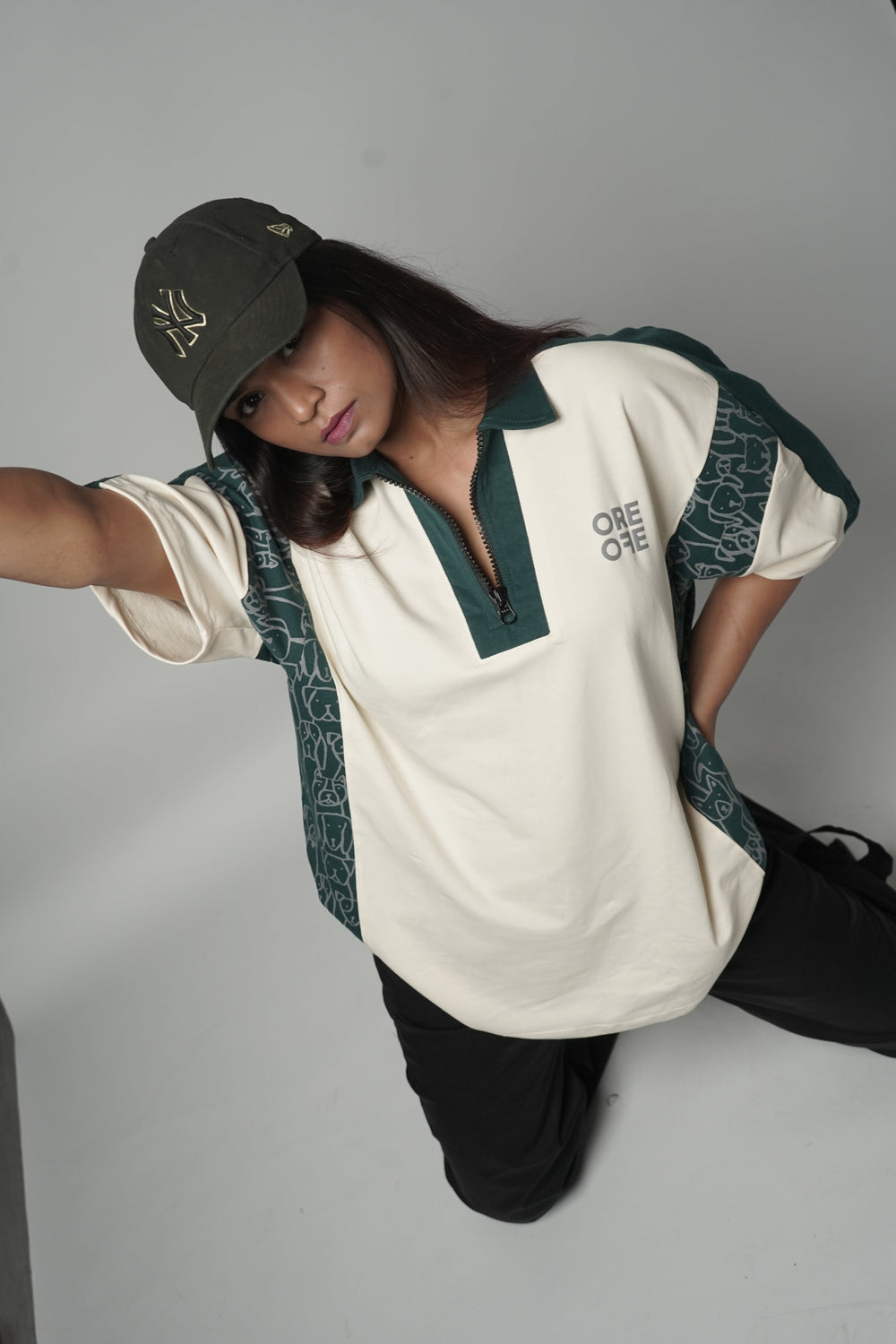 Cream & Green Oversized Polo