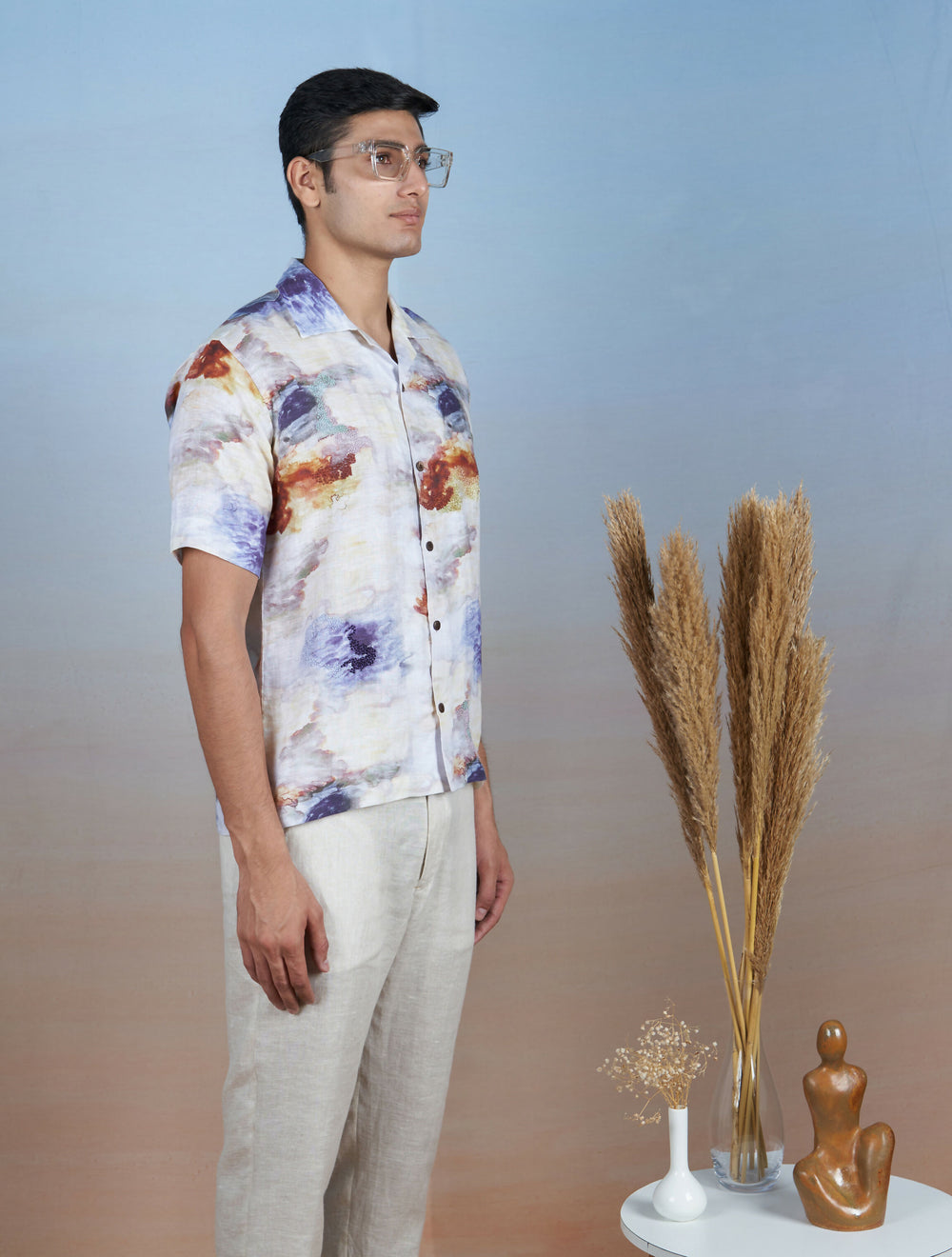 NEBULA NIGHTS - HAND EMBROIDERED UNISEX PRINTED LINEN SHIRT