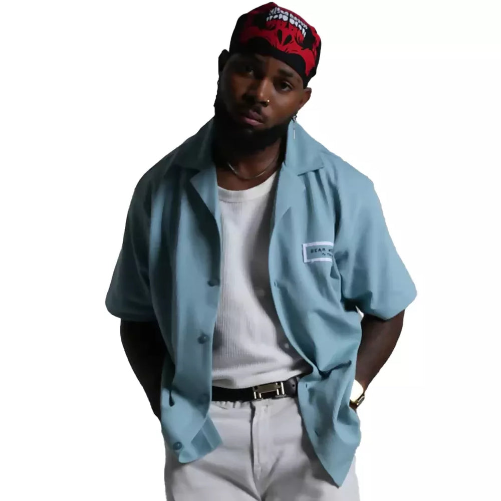sky bowling shirt. streetwear clothing.