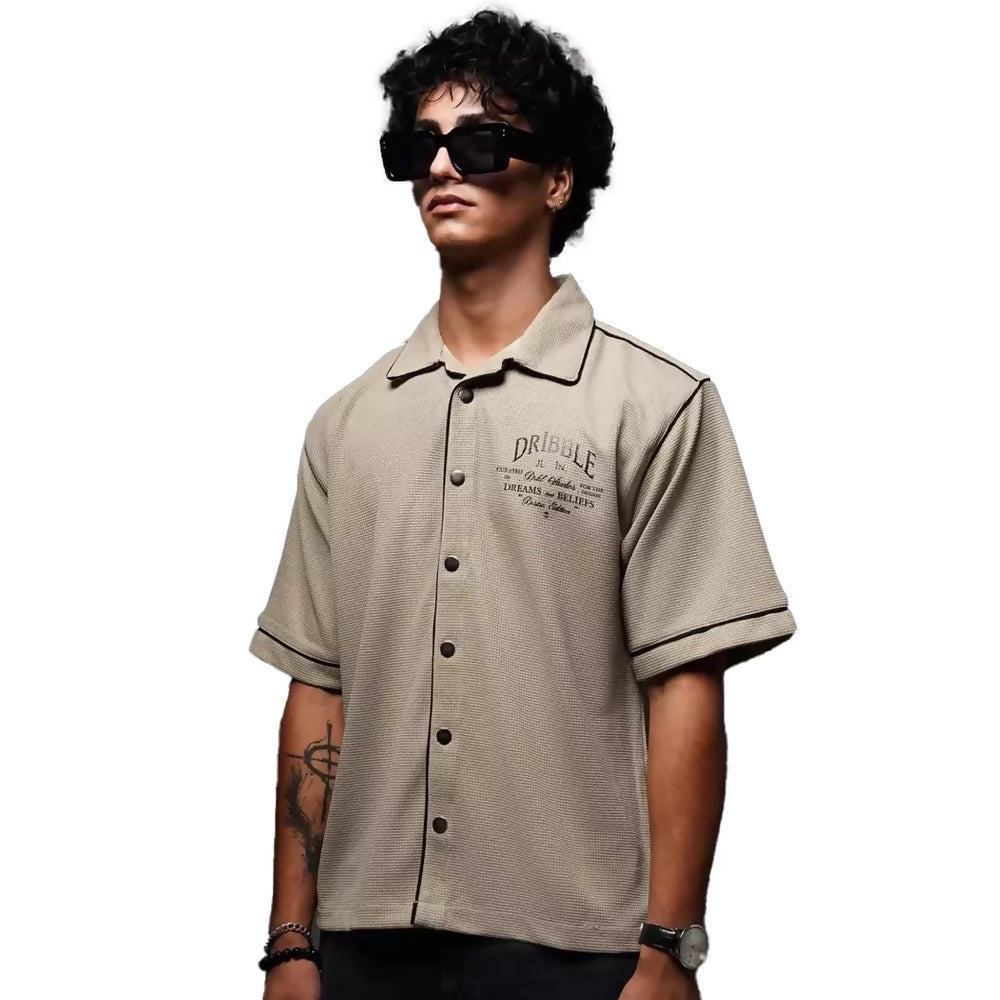 beige waffle shirt. streetwear fashion.