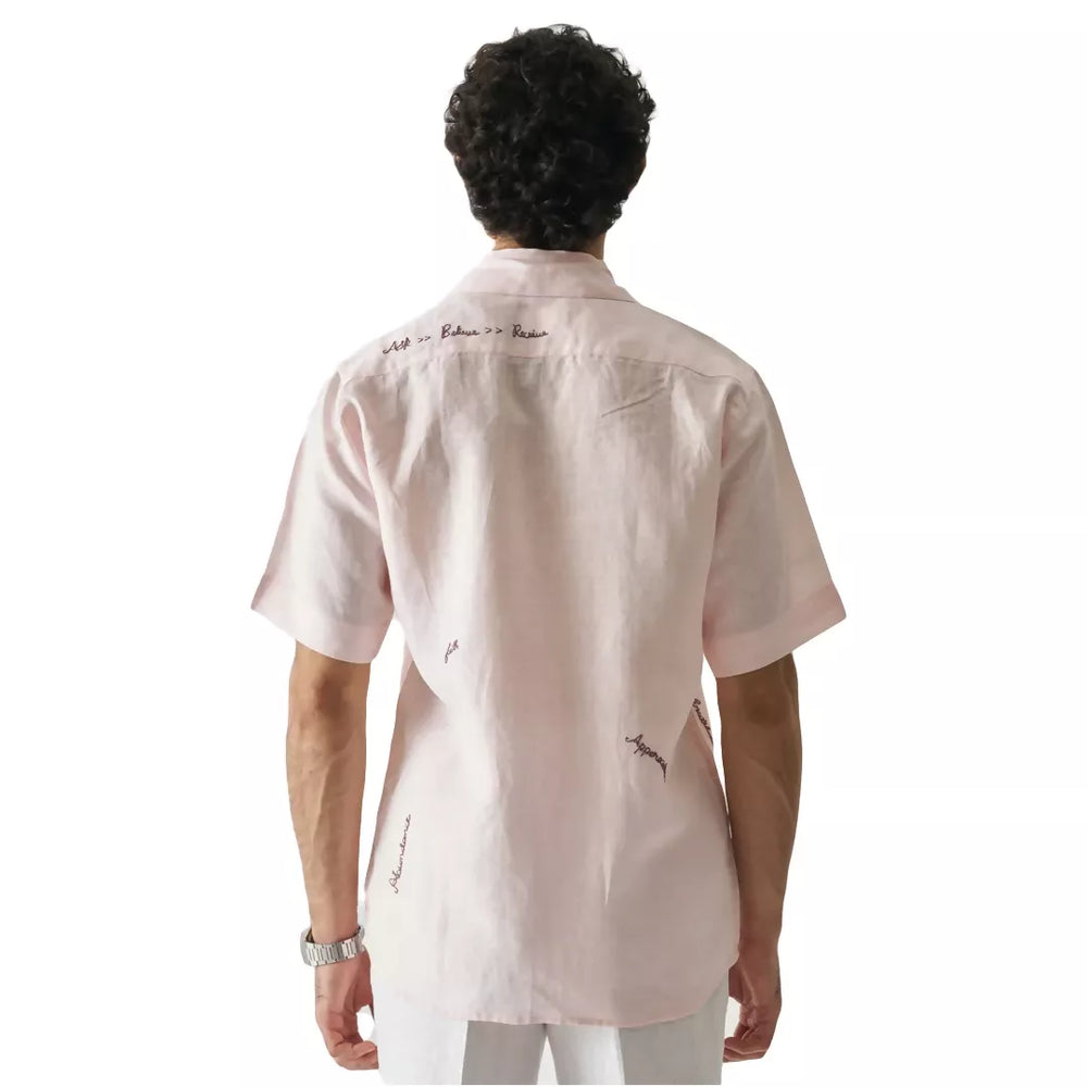 PINK HAND EMBROIDERED PURE LINEN SHIRT. STREETWEAR FASHION.