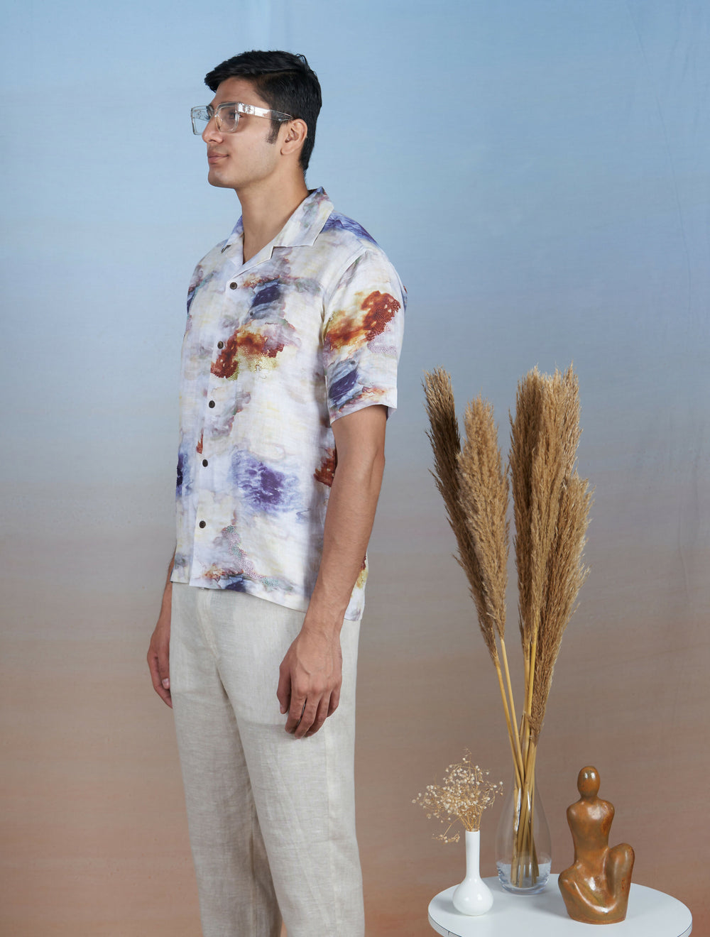 NEBULA NIGHTS - HAND EMBROIDERED UNISEX PRINTED LINEN SHIRT