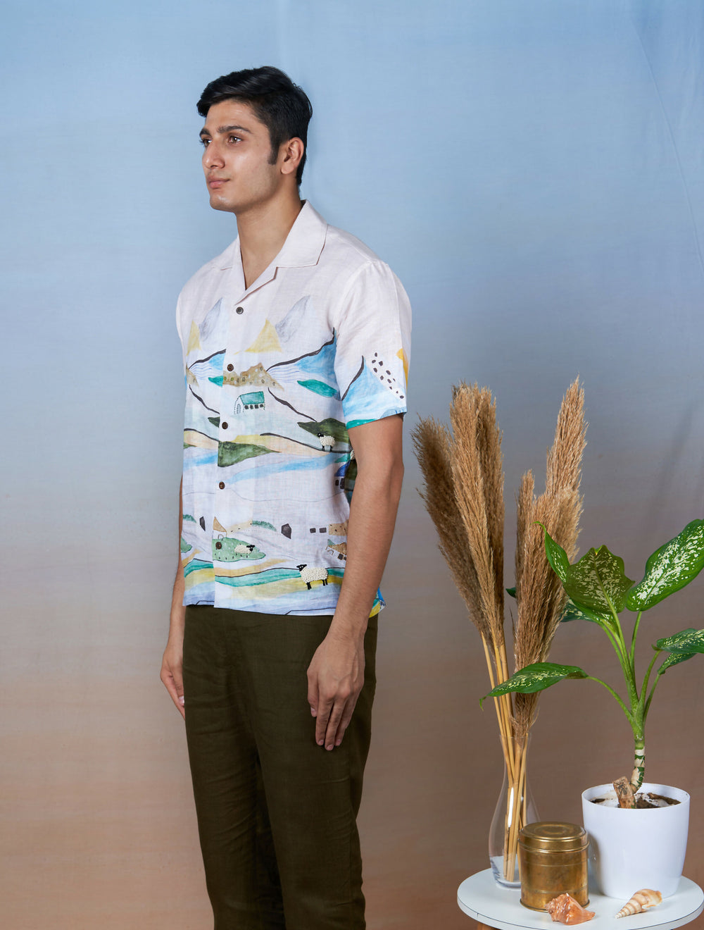 GRAZING SHEEP YELLOW - HAND EMBROIDERED UNISEX PRINTED LINEN SHIRT