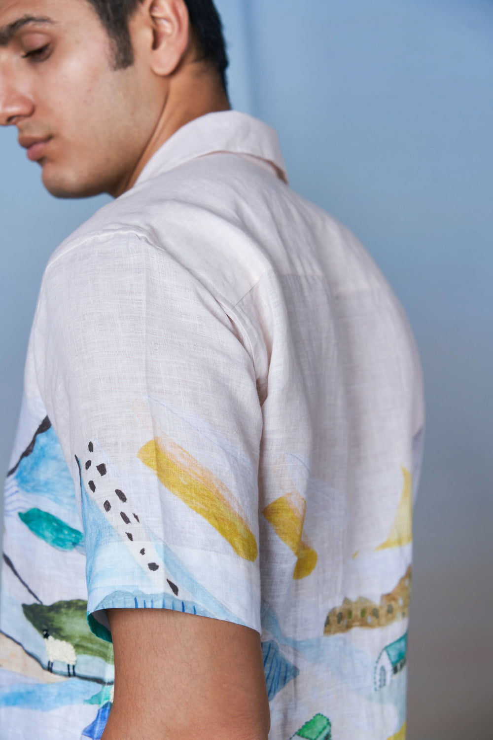 GRAZING SHEEP YELLOW - HAND EMBROIDERED UNISEX PRINTED LINEN SHIRT