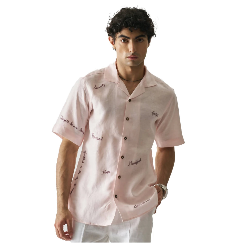 PINK HAND EMBROIDERED PURE LINEN SHIRT. STREETWEAR FASHION.