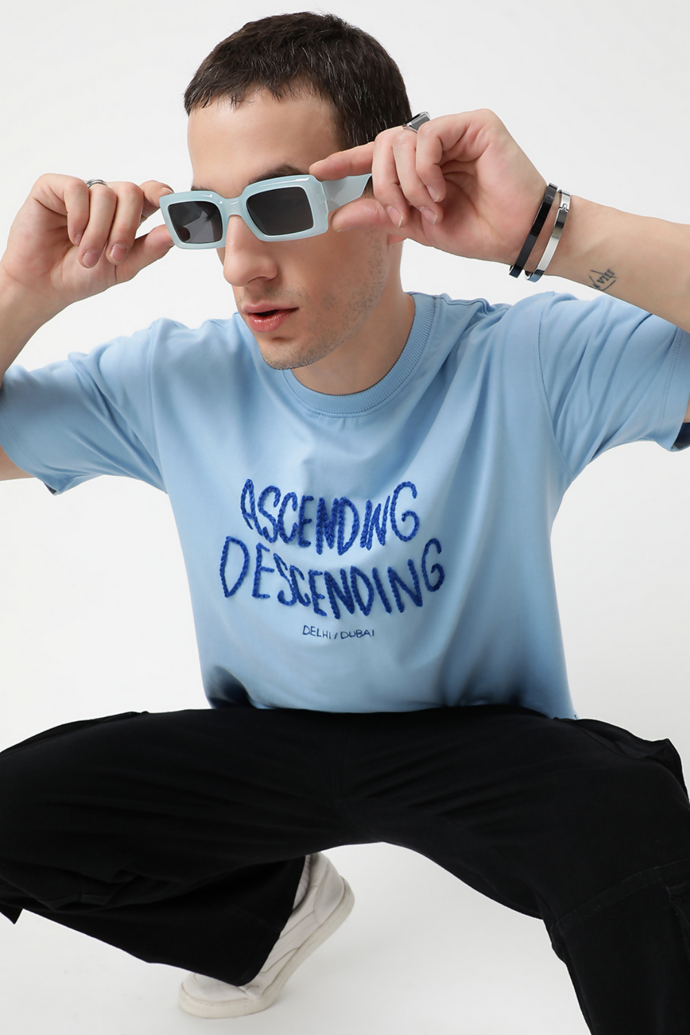 blue oversized tshirt. Hand stitched tshirt. Streetwear clothing. Streetwear fashion.