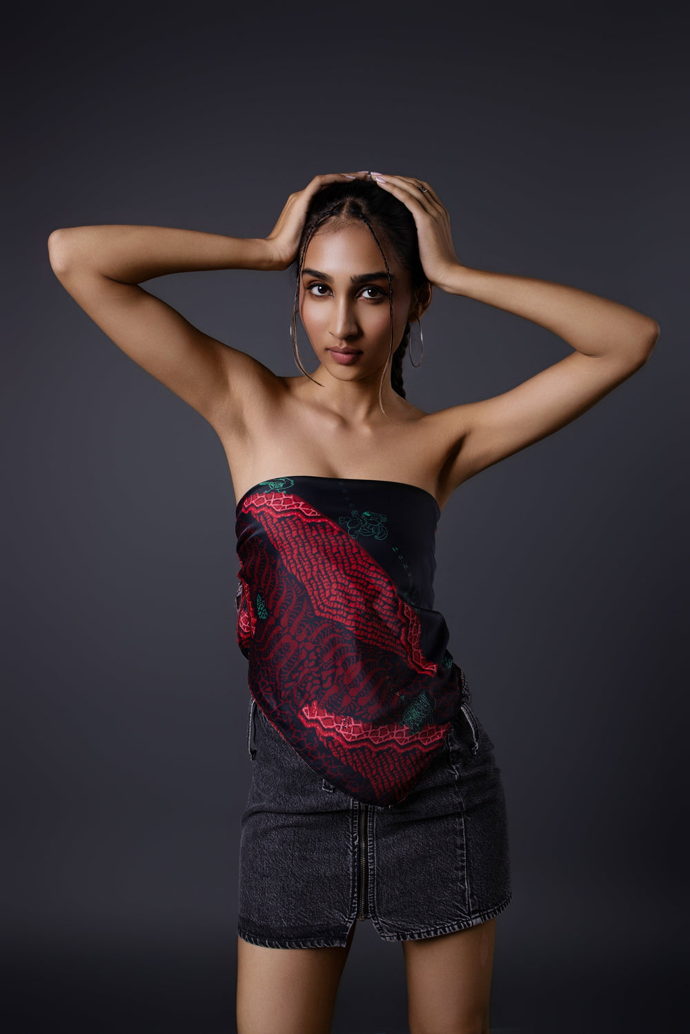 Model wearing the Super Mario-inspired bandana as a top.