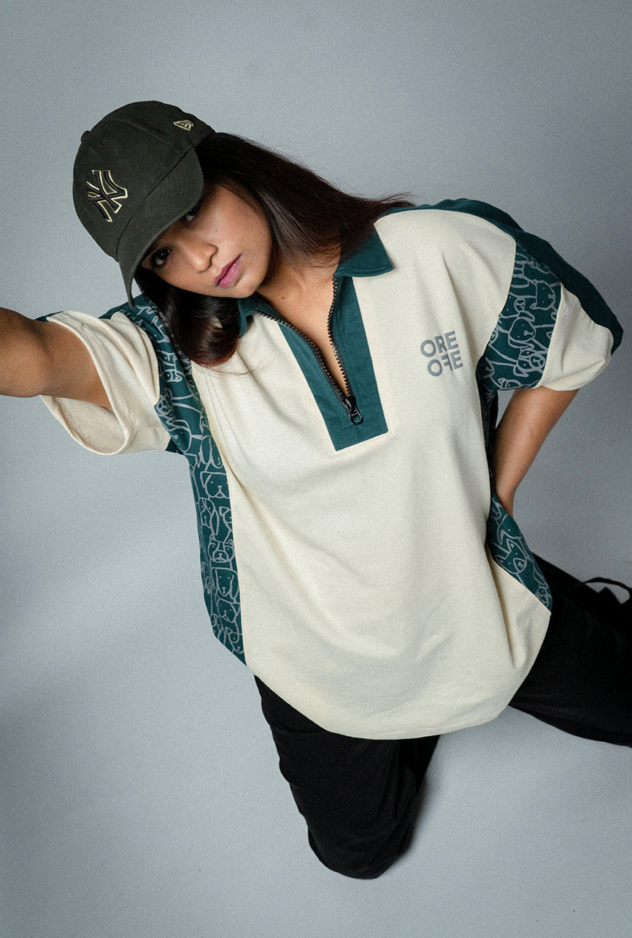 Cream & Green Oversized Polo