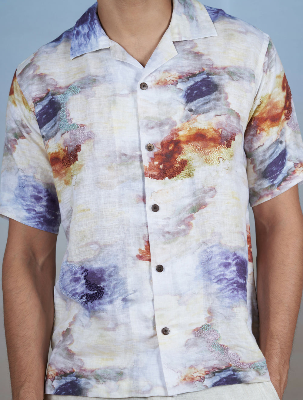 NEBULA NIGHTS - HAND EMBROIDERED UNISEX PRINTED LINEN SHIRT