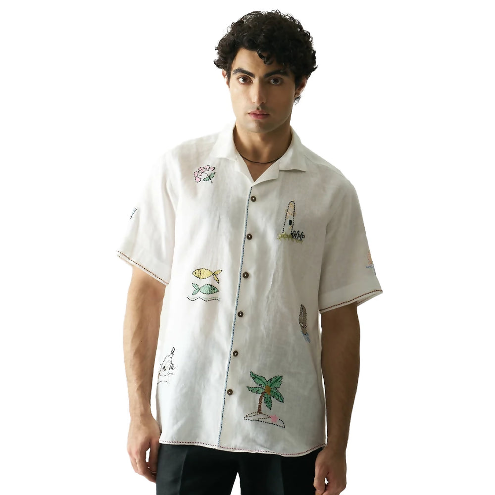 HAND EMBROIDERED PURE LINEN SHIRT. STREETWEAR FASHION.