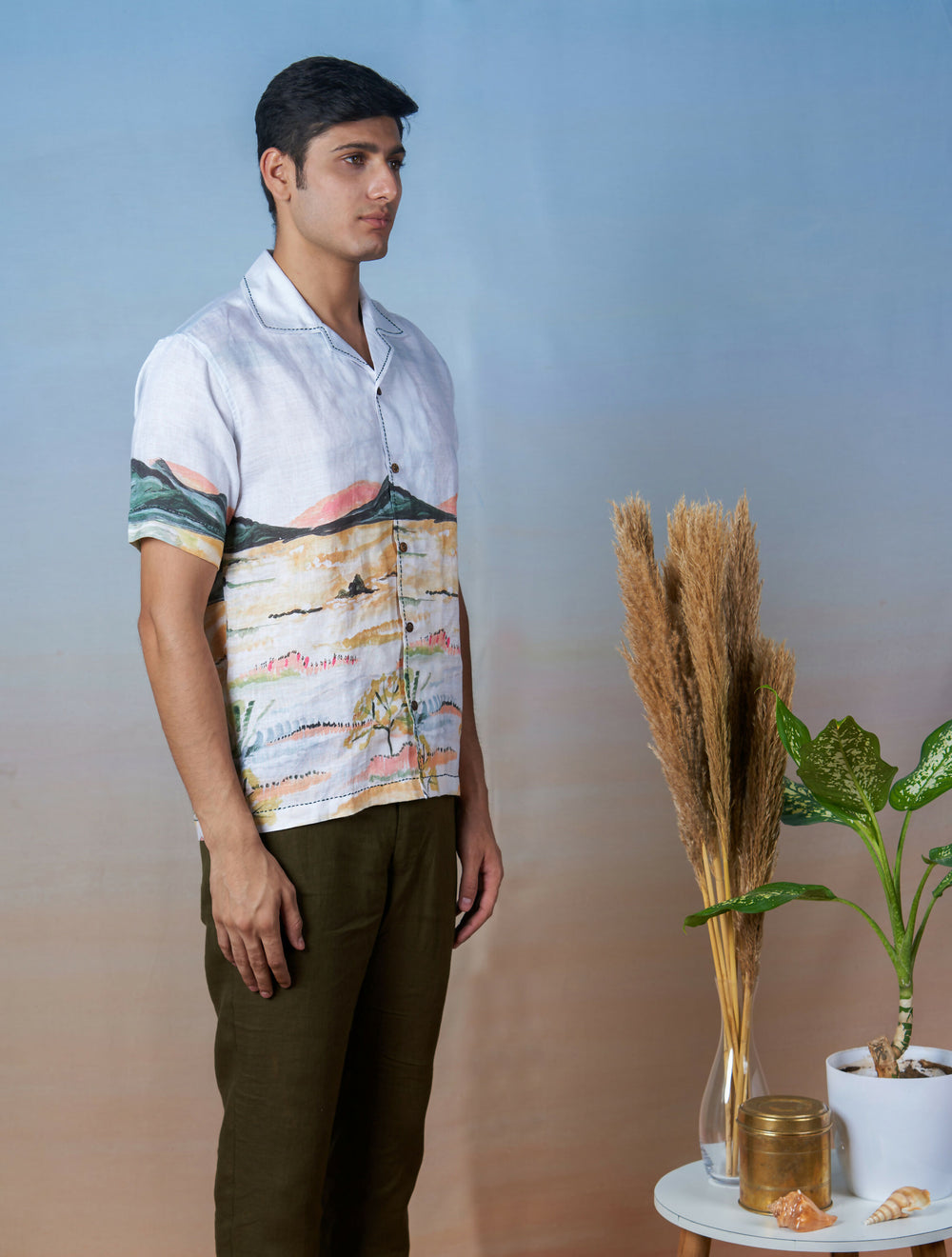 NATURE'S PALETTE - HAND EMBROIDERED UNISEX PRINTED LINEN SHIRT
