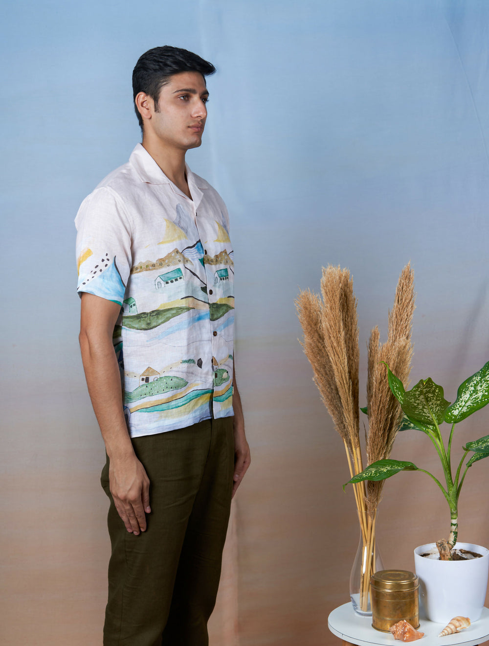 GRAZING SHEEP YELLOW - HAND EMBROIDERED UNISEX PRINTED LINEN SHIRT