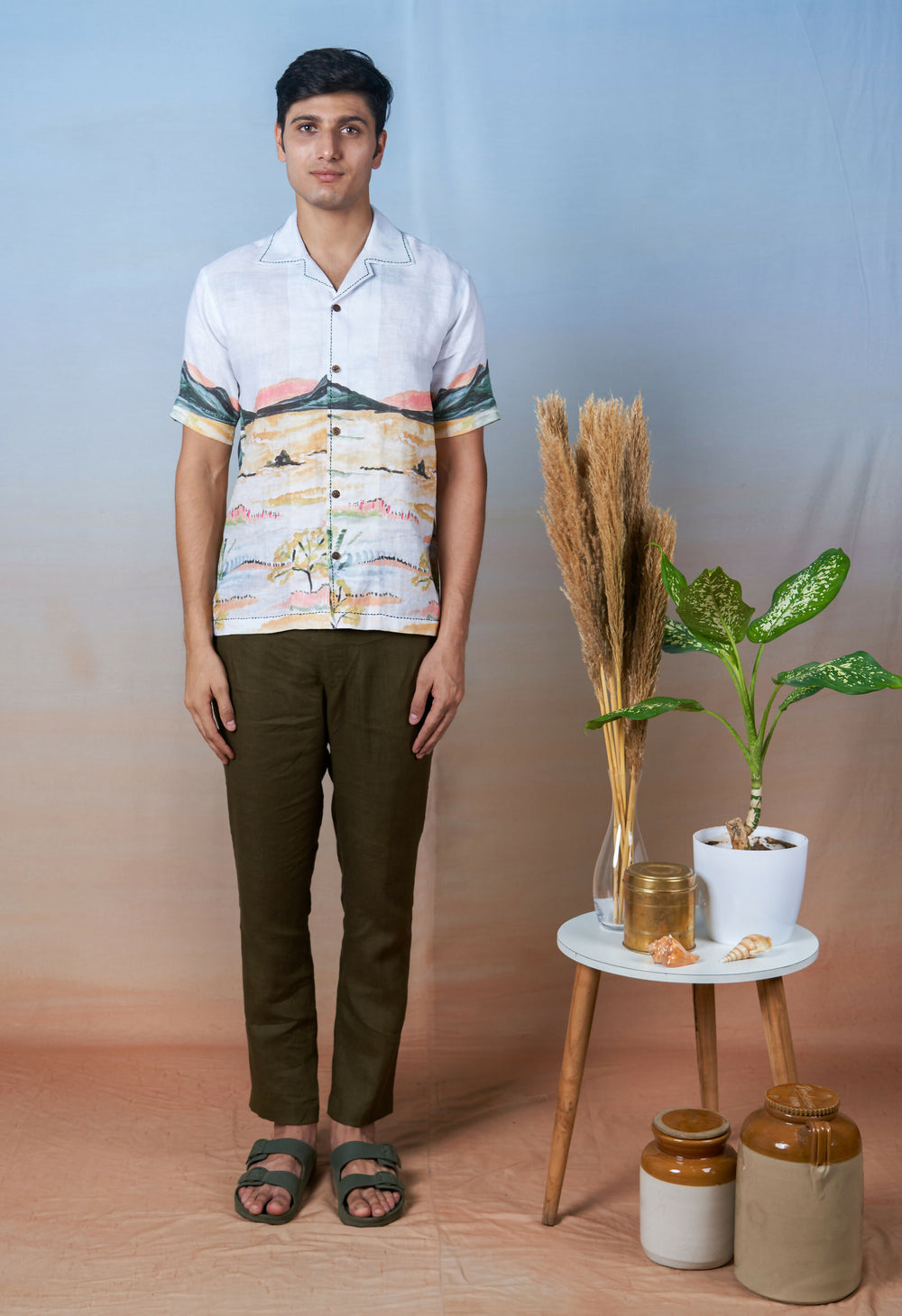 NATURE'S PALETTE - HAND EMBROIDERED UNISEX PRINTED LINEN SHIRT