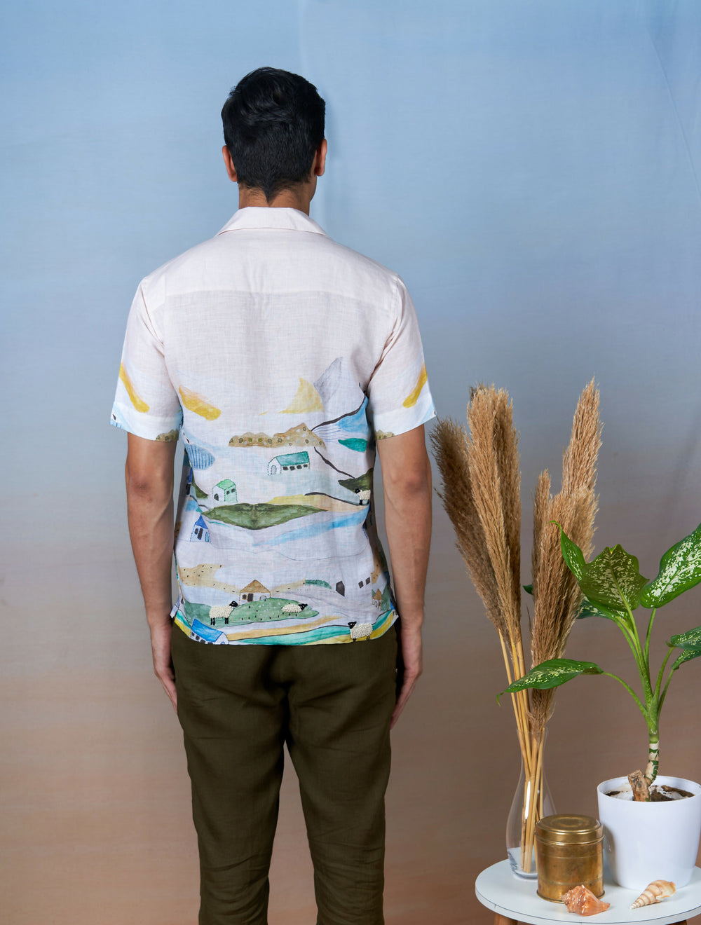 GRAZING SHEEP YELLOW - HAND EMBROIDERED UNISEX PRINTED LINEN SHIRT