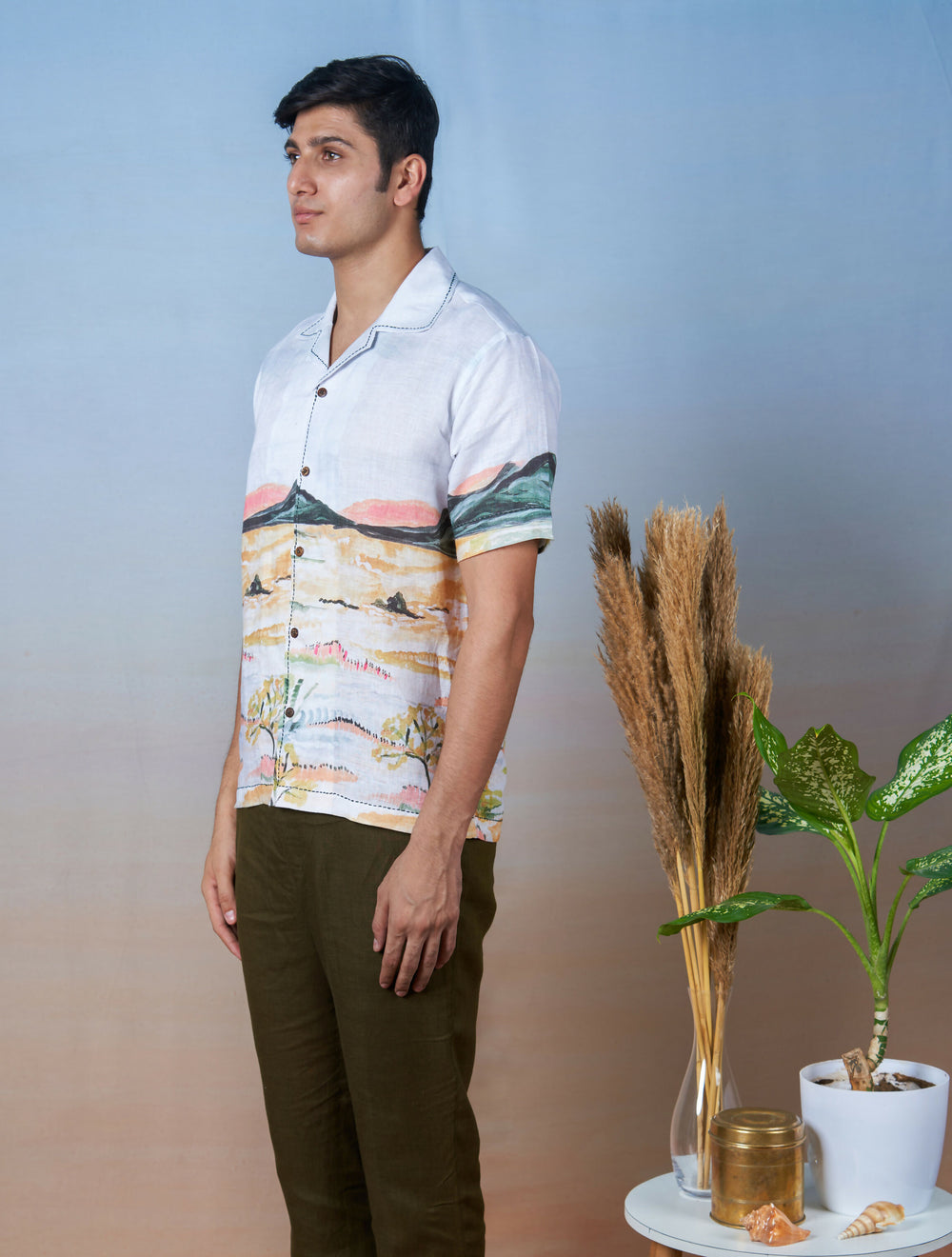 NATURE'S PALETTE - HAND EMBROIDERED UNISEX PRINTED LINEN SHIRT
