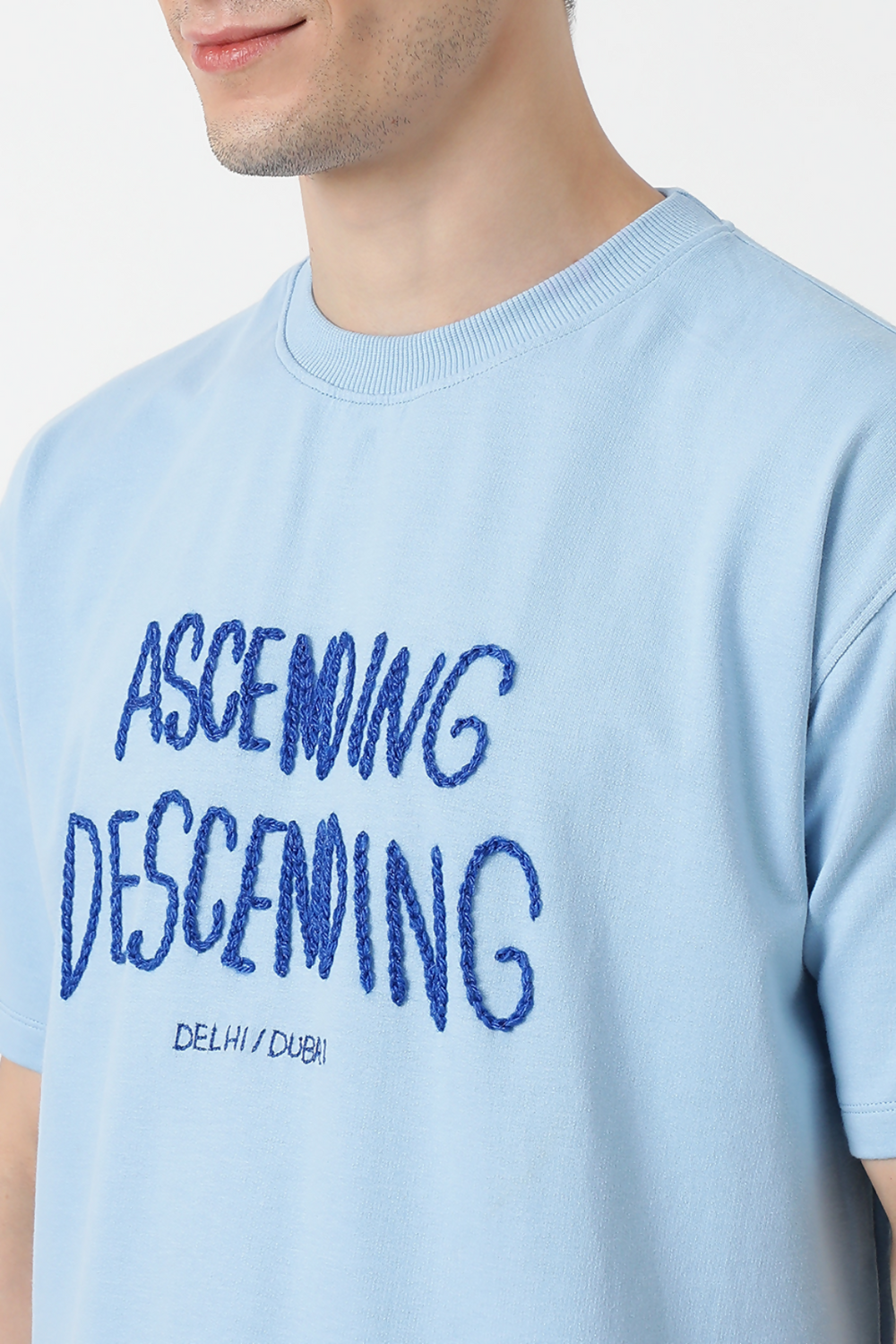 blue oversized tshirt. Hand stitched tshirt. Streetwear clothing. Streetwear fashion.