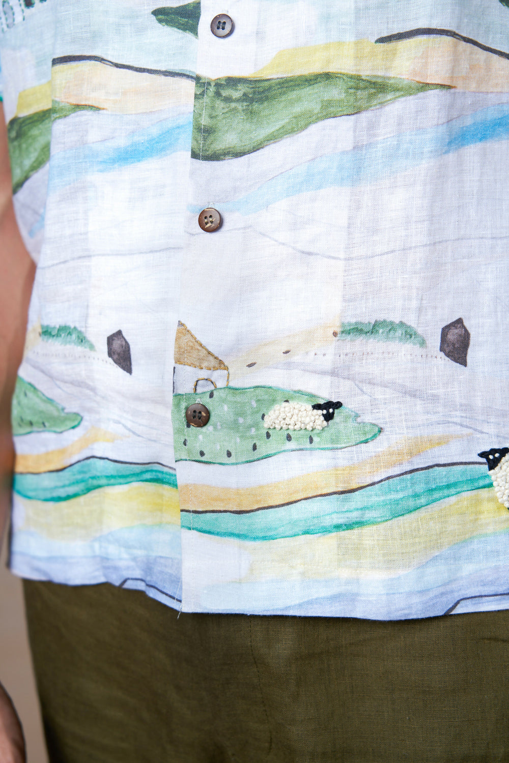 GRAZING SHEEP YELLOW - HAND EMBROIDERED UNISEX PRINTED LINEN SHIRT