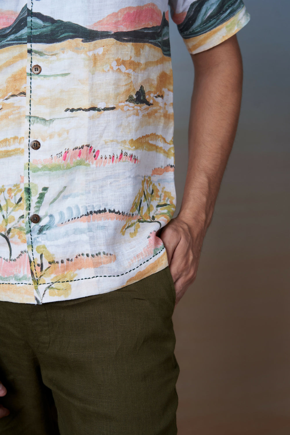 NATURE'S PALETTE - HAND EMBROIDERED UNISEX PRINTED LINEN SHIRT