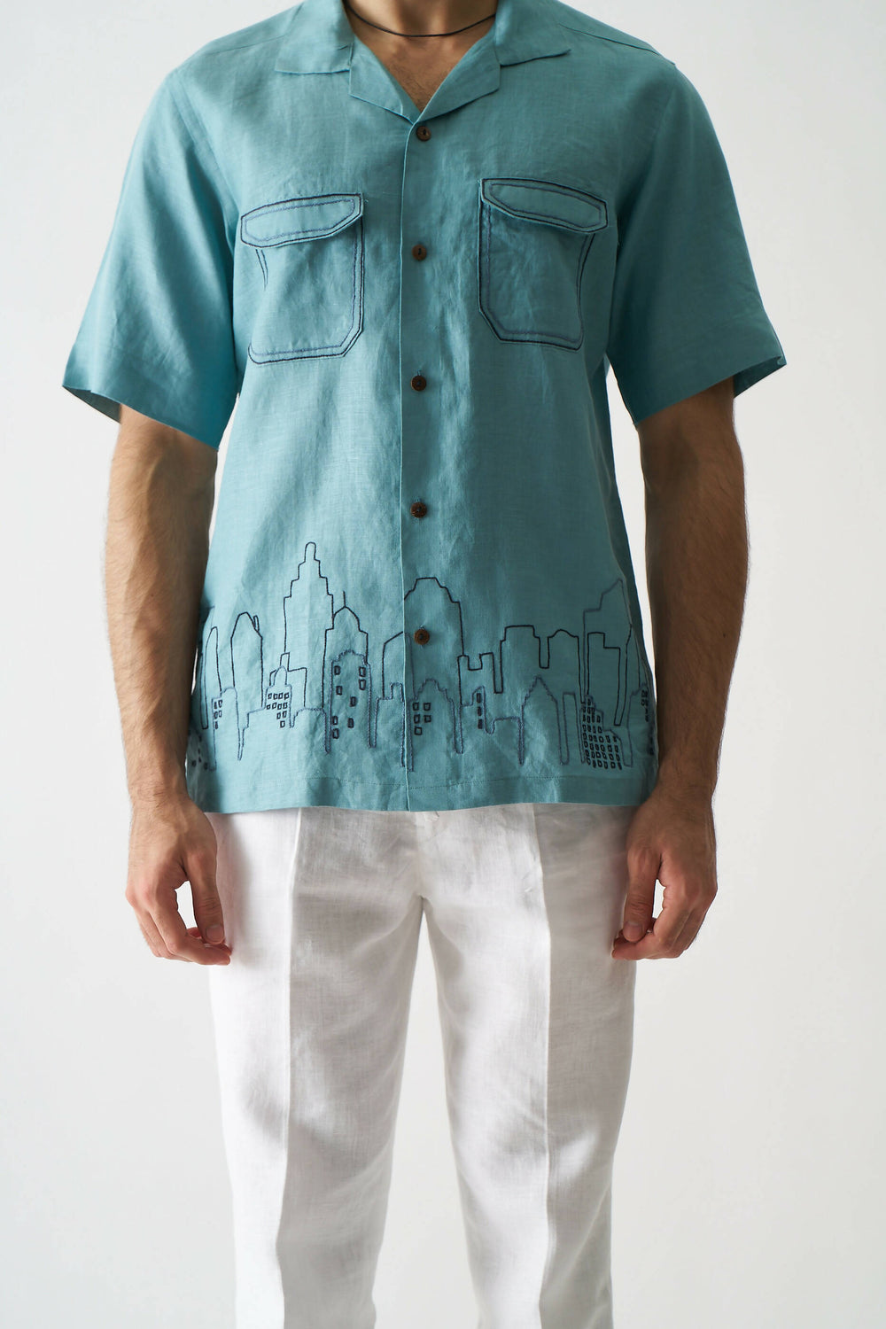 DOWNTOWN DREAMS - HAND EMBROIDERED UNISEX PURE LINEN SHIRT