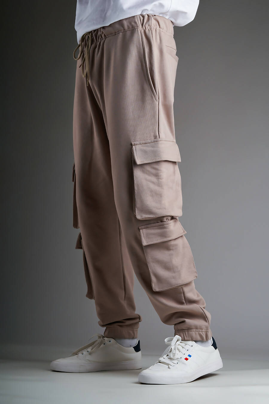 Beige Signature Cargo Joggers (side view)