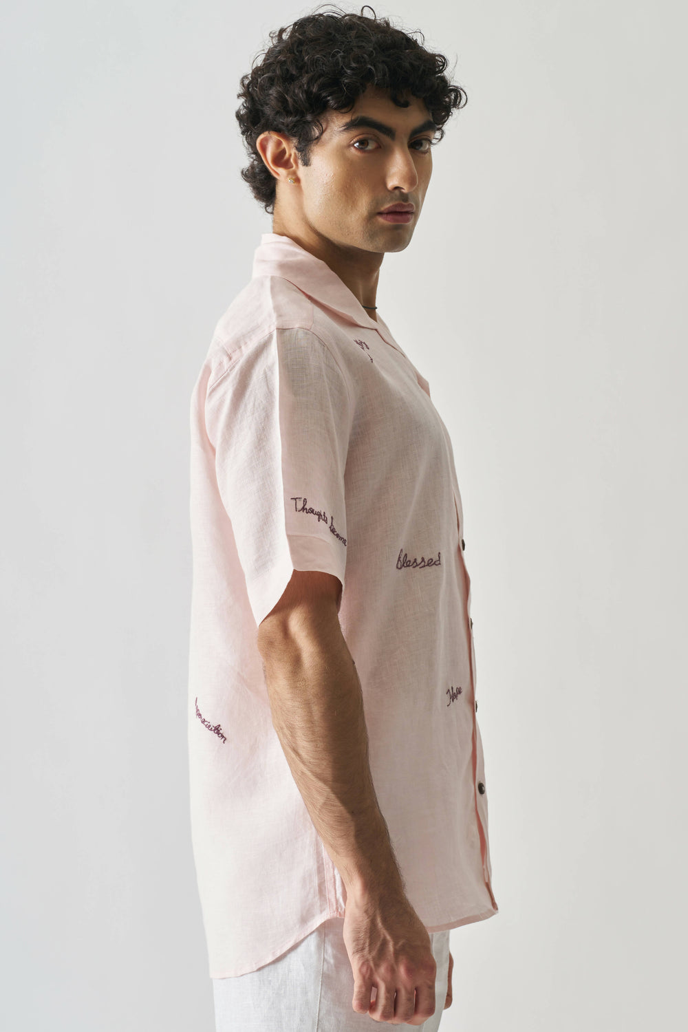 PINK HAND EMBROIDERED PURE LINEN SHIRT. STREETWEAR FASHION.