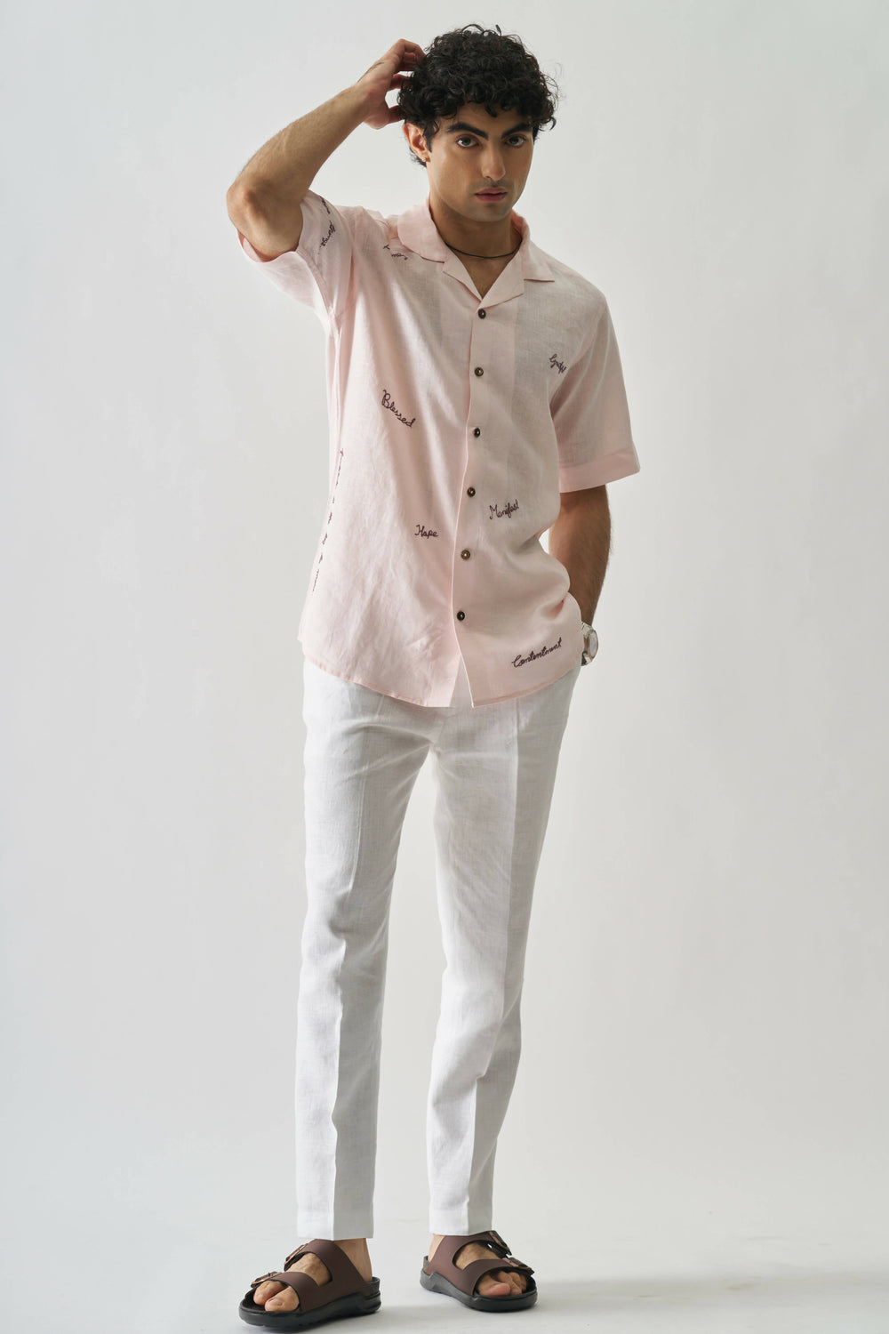PINK HAND EMBROIDERED PURE LINEN SHIRT. STREETWEAR FASHION.