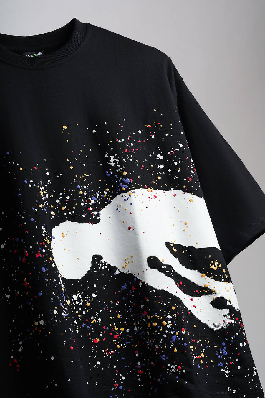 black oversized tshirt. puff printed. streetwear fashion.